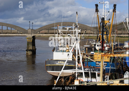 Jakobsmuscheln-Fischereiflotte, Kirkcudbright Harbour, Schottland. Dee Bridge im Hintergrund Stockfoto