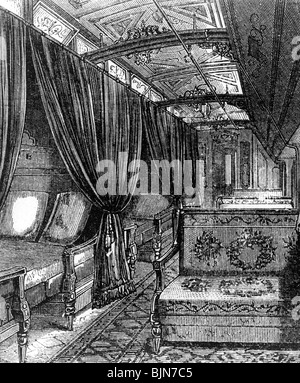 Transport/Transport, Eisenbahn, Pullman Eisenbahn-Schlafwagen, Interieur, Holzgravur, 19. Jahrhundert, historisch, historisch, Stockfoto