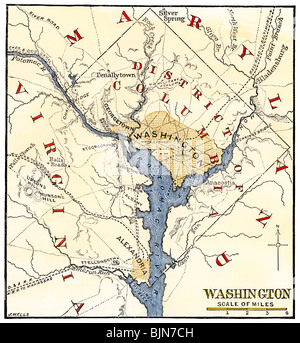 Karte von Washington DC Nähe zu Beginn des Bürgerkriegs. Hand - farbige Holzschnitt Stockfoto