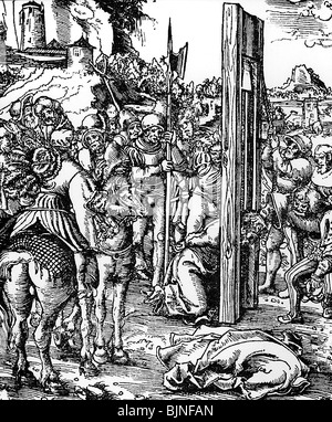 Gerechtigkeit, Strafvollzug, Enthauptung, Hinrichtung durch Guillotine, Holzschnitt von Lukas Cranach dem älteren, 16. Jahrhundert, historisch, historisch, Vorläufer der französischen Guillotine, Todesstrafe, Todesstrafe, Todesstrafe, Ort der Hinrichtung, Durchführung, Menschen, Stockfoto