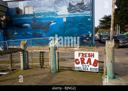 Eine frische Krabben für Verkauf Zeichen und eine Straße Wandbild in Newport, Oregon, an der Pazifikküste. Stockfoto