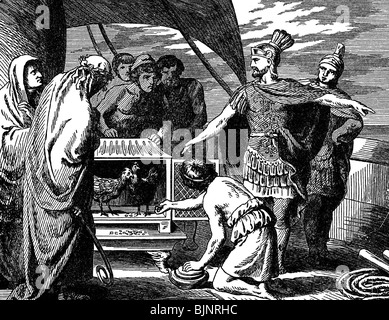 Ereignisse, Erster Punischer Krieg 264 - 241 v. Chr., Konsul Claudius Pulcher, der heilige Hühner als orakel verwendete, vor der Schlacht von Drepanum 249, Stockfoto