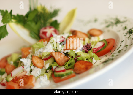 Frühlingssalat im Restaurant machte der gegrillten Lachs und Gemüse serviert Stockfoto