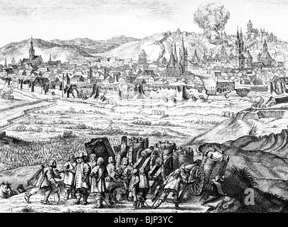 Ereignisse, Dreißigjähriger Krieg 1618 - 1648, französische Intervention 1635 - 1648, Belagerung von Prag, 1648, Karl Gustav von Zweibreucken erhält die Nachricht vom Westfälischen Frieden, zeitgenössische Kupferstichkunst, Stockfoto