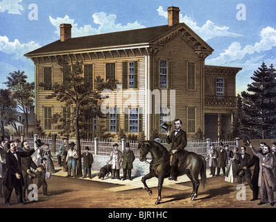 Drucken Sie c1898 abbildenden Abraham Lincoln Rückkehr in seine Heimat in Springfield, Illinois, im Jahre 1860 nach dem Gewinn der US-Präsidentschaft. Stockfoto