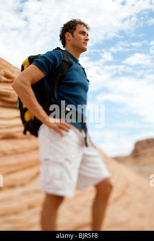 Mann mit Rucksack, Foto Stockfoto