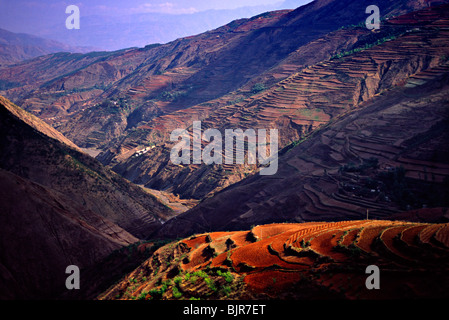 Asien, China, Yunnan, Dongchuan. Terrassenfelder bedecken steilen Schlucht Hänge in rot (Laterit) Hügel Stockfoto