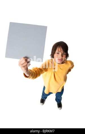 Boy Holding Zeichen Stockfoto