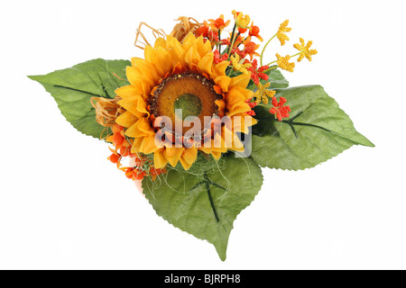 Gelbe Blume mit drei grünen Blättern, die isoliert auf weiss Stockfoto