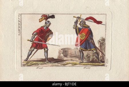 Zwei Ritter in Rüstung zu Fuß kämpfen ein Duell mit Schwertern in einem Turnier. Stockfoto
