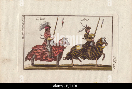Zwei Ritter zu Pferd in der Rüstung für einen Kurs mit Schild (Kurs de bouclier) und einen Kurs mit Grill (Kurs de Gril). Stockfoto