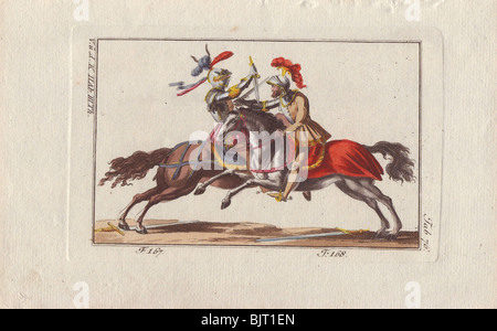 Bunte dynamische Bild der beiden Ritter in Rüstung auf dem Pferderücken kämpfen ein Duell mit Dolchen in einem Turnier. Stockfoto
