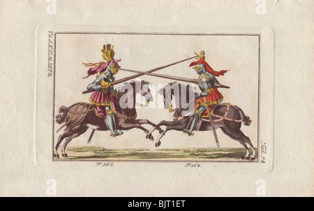 Zwei Ritter in Rüstung auf dem Pferderücken kämpfen ein Duell mit Lanzen in einem Turnier. Stockfoto