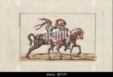 Zwei Ritter in Rüstung auf dem Pferderücken kämpfen eine Duell ohne Waffen in einem Turnier. Stockfoto