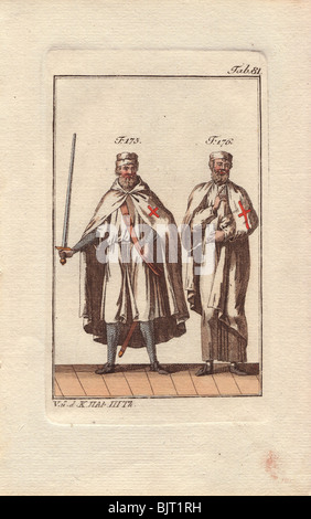 Zwei Ritter Templar in Schlacht Gewand dargestellt, bewaffnet und Kettenhemd Rüstung unter seiner Robe und im Kloster Gewand tragen. Stockfoto