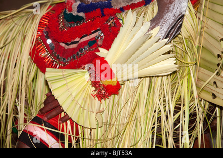 Indien, Kerala, Cannanore (Kannur), Theyyam alte Volkskunst Ritual, Arm des Agni Ghandakaran Gottheit mit Palmenblättern verziert Stockfoto