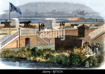 Secession Flagge über Fort Moultrie, mit Artillerie am Fort Sumter, South Carolina, 1861. Hand - farbige Holzschnitt Stockfoto