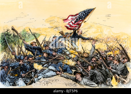 Heftige Kämpfe an der blutigen Winkel, Schlacht in der Wüste, Virginia, 1864. Hand - farbige Holzschnitt Stockfoto