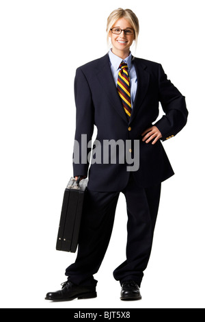 Studio-Porträt der Geschäftsfrau mit dem Aktenkoffer Stockfoto