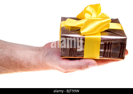 Geben über weiß mit gelben Band Stockfoto