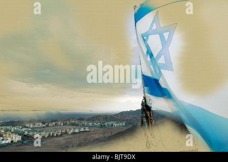 Die Flagge von Israel wehen im Wind mit den südlichen Stadt Eilat im Hintergrund Stockfoto