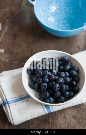 Schüssel mit frisch gewaschenen Bio Heidelbeeren Stockfoto