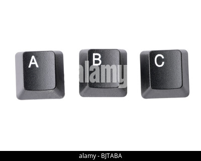 Drei schwarze Tastatur Tasten bildende erste Buchstaben des Alphabet ABC auf weißem Hintergrund Stockfoto