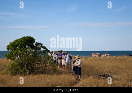 Orion Passagiere Wandern, ein Gwion Gwion oder Bradshaw Aboriginal Rock-Kunst-Ort auf Glas Island Australien Stockfoto