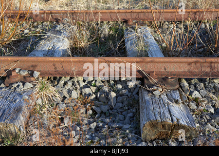 verlassene große südliche und westliche Bahntrasse mit abgenutzten Holzschwellen im County Sligo Irland verbunden Stockfoto