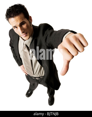 Junge Unternehmer geben Daumen nach unten Stockfoto