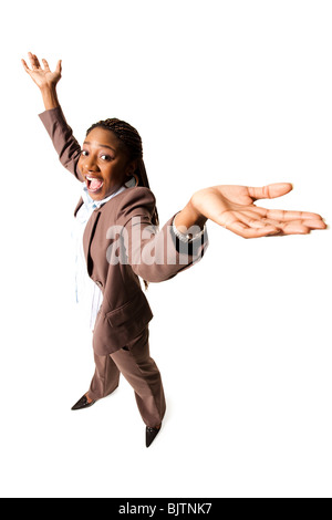 Junge Geschäftsfrau mit Händen in der Luft Stockfoto
