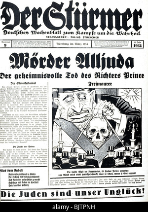 Nationalsozialismus/Nationalsozialismus, Propaganda, Presse, 'Der Stuermer', Nr. 9, März 1934, Cover 'Murderer Alljuda', Karikatur 'Freimaurer' von Fips, Stockfoto