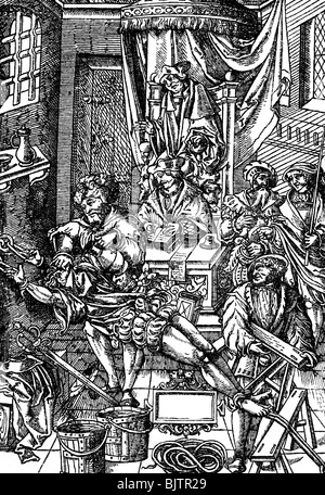 Gerechtigkeit, Folter, ein schlechtes Getränk auf dem Regal anstecken, während der Anhörung durch Richter und Schriftsteller, Holzschnitt von Jean Millaeus 'Praxis Criminalis', Paris, 1541, Stockfoto
