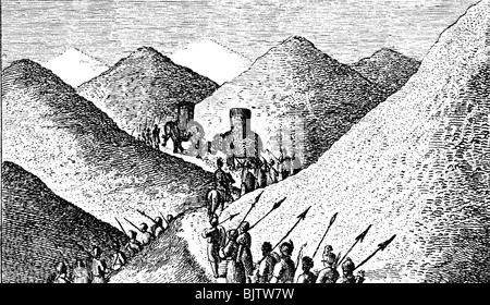 Ereignisse, Zweiter Punischer Krieg 219 - 201 v. Chr., karthagische Armee unter Führung Hannibals, die die Alpen überquert, 218 v. Chr., Kupferstich, 18. Jahrhundert, Elefant, Elefanten, Soldaten, Kampagne, Berge, Antike, Antike, 3. Jahrhundert v. Chr., historisch, historisch, alte Welt, Menschen, Stockfoto