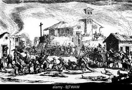 Ereignisse, Dreißigjähriger Krieg 1618 - 1648, Grausamkeiten, Soldaten, die ein Dorf an den Pranger stellen, Holzschnitt aus der Serie "Les Miseres et les Malheurs da la Guerre" von Jacques Callot, 1633, Stockfoto