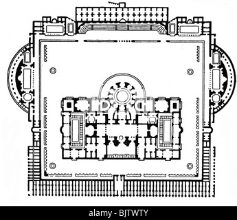 Architektur, Grundrisse, Bäder von Kaiser Caracalla in Rom, erbaut 212 - 216 n. Chr., Rekonstruktion, Holzgravur, 19. Jahrhundert, Plan, Marcus Aurelius Severus Antoninus Caracalla, Thermae Antoninianae, Baden, Bad, Antike, Antike, Römisches Reich, Italien, Europa, historisch, Geschichte, Antike, Stockfoto