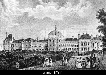 Geographie/Reisen, Frankreich, Paris, Schlösser, Tuileries Palast (Palais des Tuileries), Stahlgravur, 19. Jahrhundert, historisch, Schloss, Schlösser, Residenz, Park, Westeuropa, Außenansicht, Fußgänger, Fußgänger, Passant, Passant, Passanten, Wanderer, Spaziergänger, Spaziergänger, Spaziergänger, Spaziergänger, Bummel, Bummel, Walzen, Menschen, Stockfoto