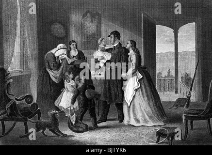 Geografie/Reisen, USA, amerikanischer Bürgerkrieg 1861 - 1865, "Abschied von der Front", Gewerkschaftssoldat verabschiedet sich von seiner Familie, Holzgravur, ca. um das Jahr 1862, Stockfoto