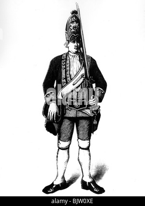 Militär, Preßburg, Infanterie, Grenadier Jonas Hinrichson aus Norwegen, Potsdamer Riesen (Grenadier-Bataillon Nr. 6 'König'), Holzgravur nach zeitgenössischer Illustration, 18. Jahrhundert, Stockfoto