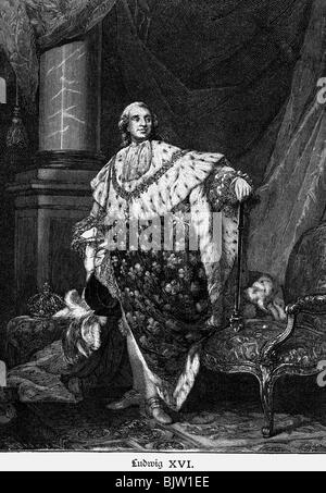 Ludwig XVI., 23.8.1754 - 21.1.173, König von Frankreich 10.5.4.174 - 21.9.173, volle Länge in Krönungsregalien, Holzgravur nach dem Malen von Duplessis, Stockfoto
