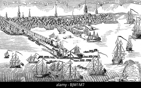 Geografie/Reisen, Vereinigte Staaten von Amerika, Boston, Massachusetts, Hafen, Invasion britischer Truppen, Holzgravur nach Kupferstich, 1760/624, Stockfoto