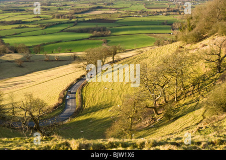 Blick auf Cam, Dursley, Coaley und Berkeley in den Severn Vale aus Coaley Peak, Cotswolds, Glucestershire, UK Stockfoto