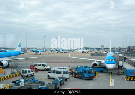 KLM-Flugzeuge auf dem Flughafen Schiphol aufgereiht und warten am gate Stockfoto