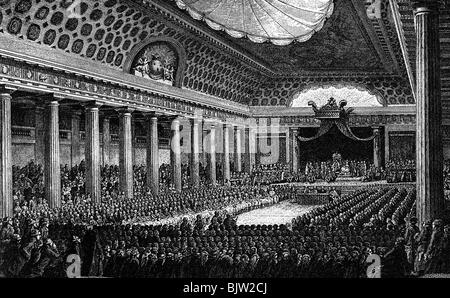 Geographie/reisen, Frankreich, Französische Revolution 1789 - 1799 Eröffnung der Gleiche, Versailles, 5.5.1789, Kupferstich von Helman, Ende 18. Jahrhundert, Fincas Allgemeine, Session, Montage, Halle, König Louis XVI., Bourbon, Monarchie, historischen, historische, Personen, Artist's Urheberrecht nicht geklärt zu werden. Stockfoto