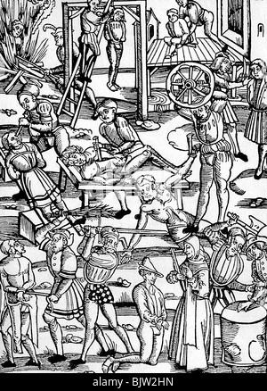Justiz, Strafvollzug, verschiedene Strafen, Holzschnitt, Mainz, Deutschland, 1508, Stockfoto