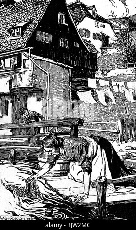Haushalt, Waschen, Frau wäscht Wäsche im Bach, Münchner Au, wahrscheinlich Au millstream, Radierung durch Wilhelm Rogge, 1905, Stockfoto