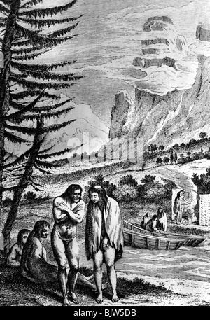 Geografie/Reisen, Argentinien, einheimische Menschen in Patagonien, Bild aus der "Allgemeinen Reisegeschichte", Leipzig, 1754, Stockfoto