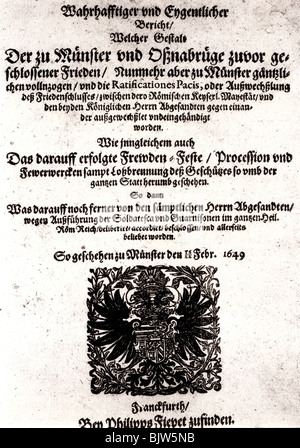 Ereignisse, Dreißigjähriger Krieg 1618 - 1648, Frieden von Westfalen, berichten über die Feierlichkeiten in Münster, Flysheet von Philipp Fievet, Frankfurt, 1649, Deutschland, 17. Jahrhundert, historisch, historisch, Münster, Münster, Stockfoto