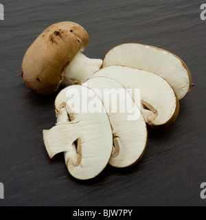 In Scheiben geschnitten und ganze Kastanie Pilze auf Hintergrund der dunklen Schiefer. Stockfoto