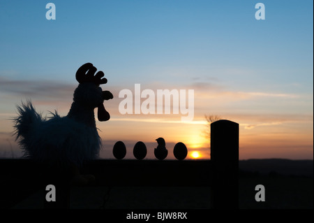 Stofftier Huhn mit Eiern und Küken auf ein Tor bei Sonnenaufgang. Silhouette Stockfoto